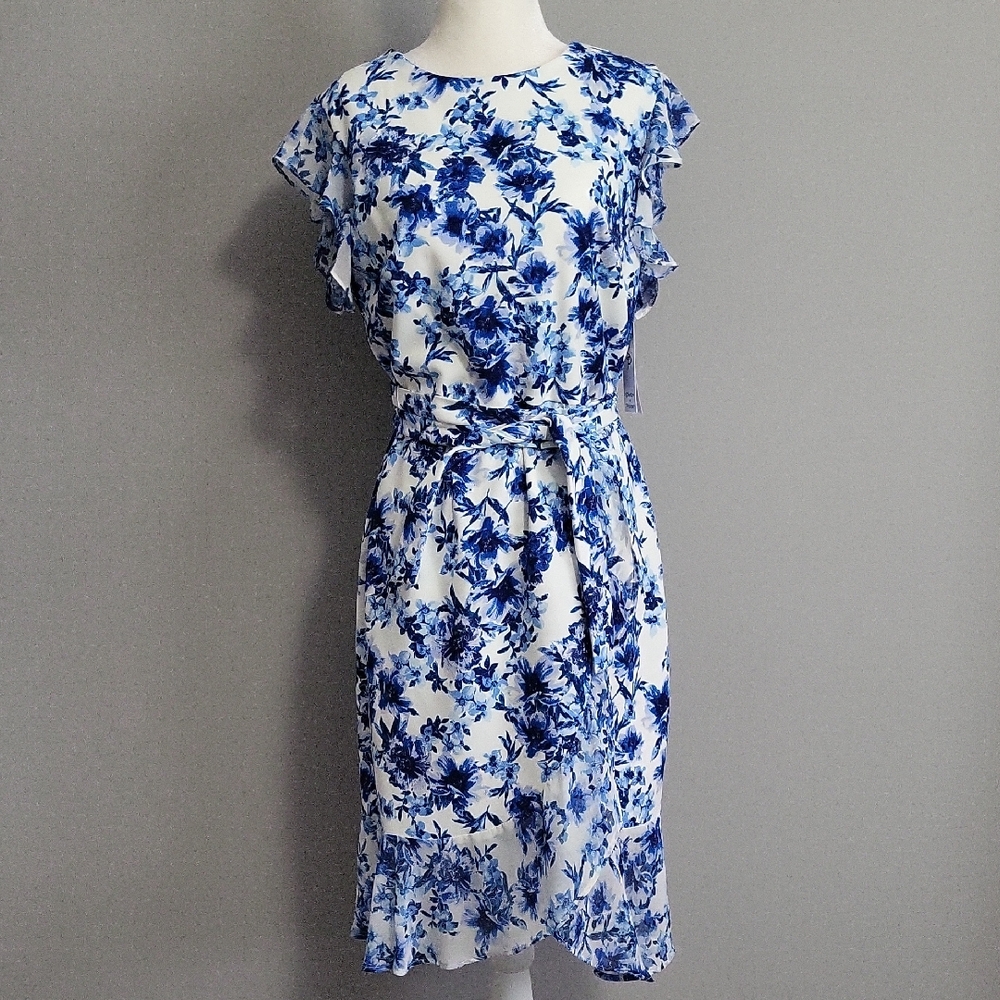 Shelby & Palmer Blue and White Sheath Dress with Flutter Cap Sleeves